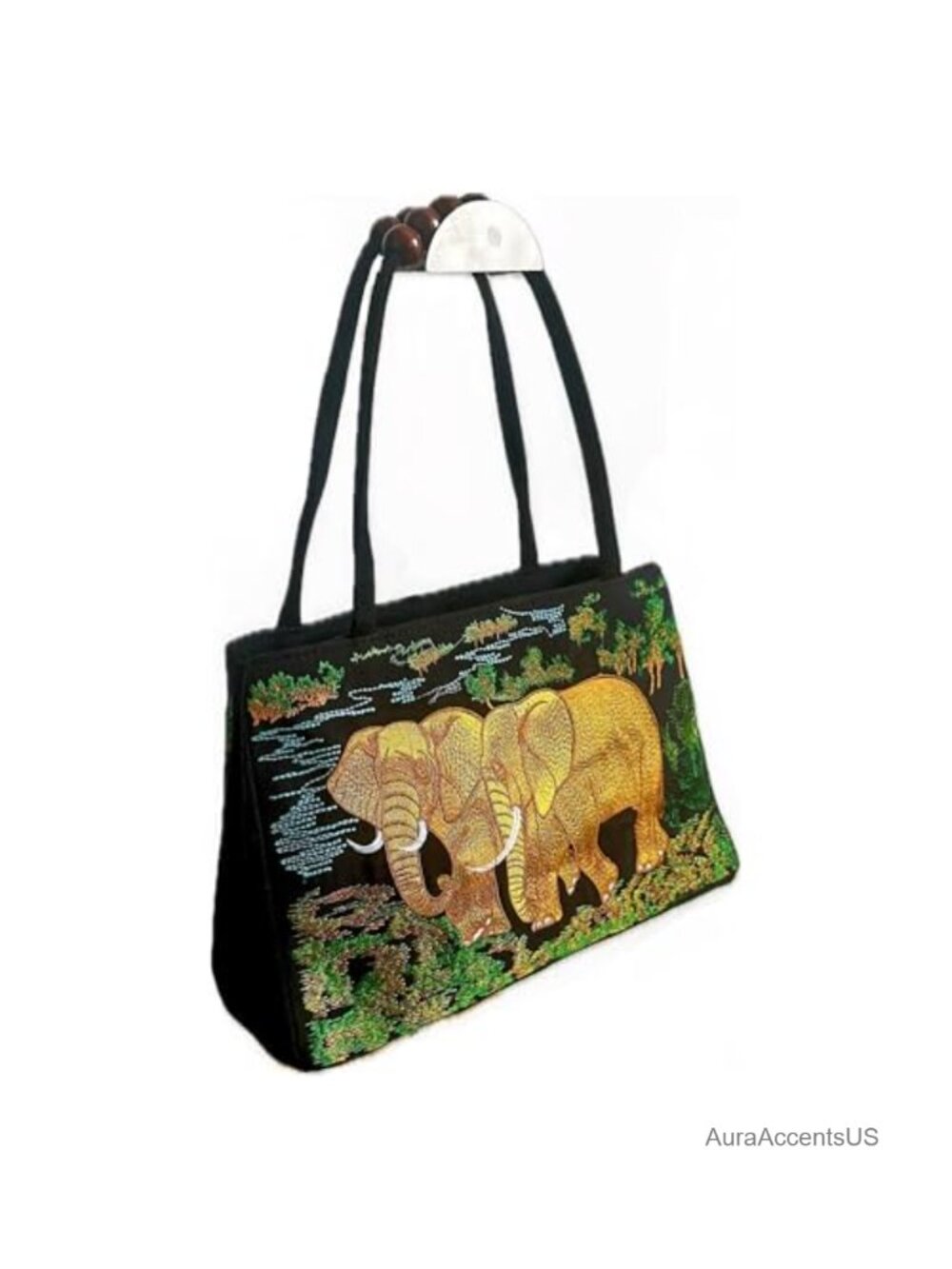 Embroidered Elephant Shoulder Handbag with Wooden Bead Handle, Double Zipper,